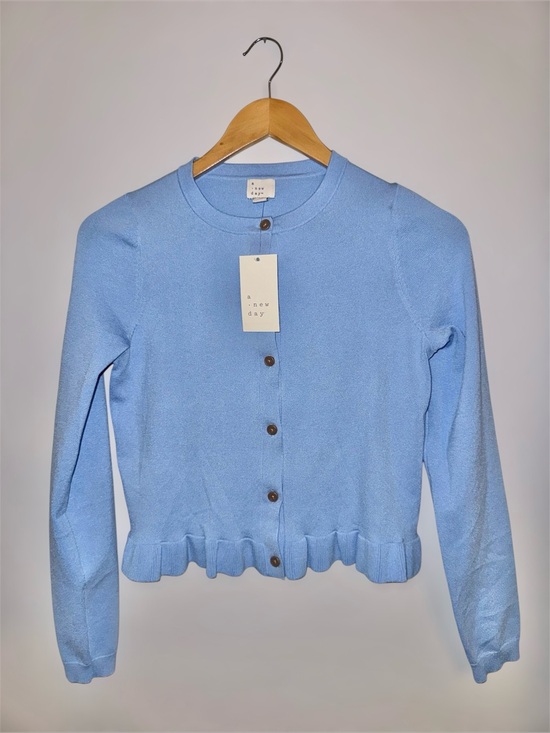 a new day Sweaters - New a new day Light Blue Ruffle Hem Button Cardigan XS